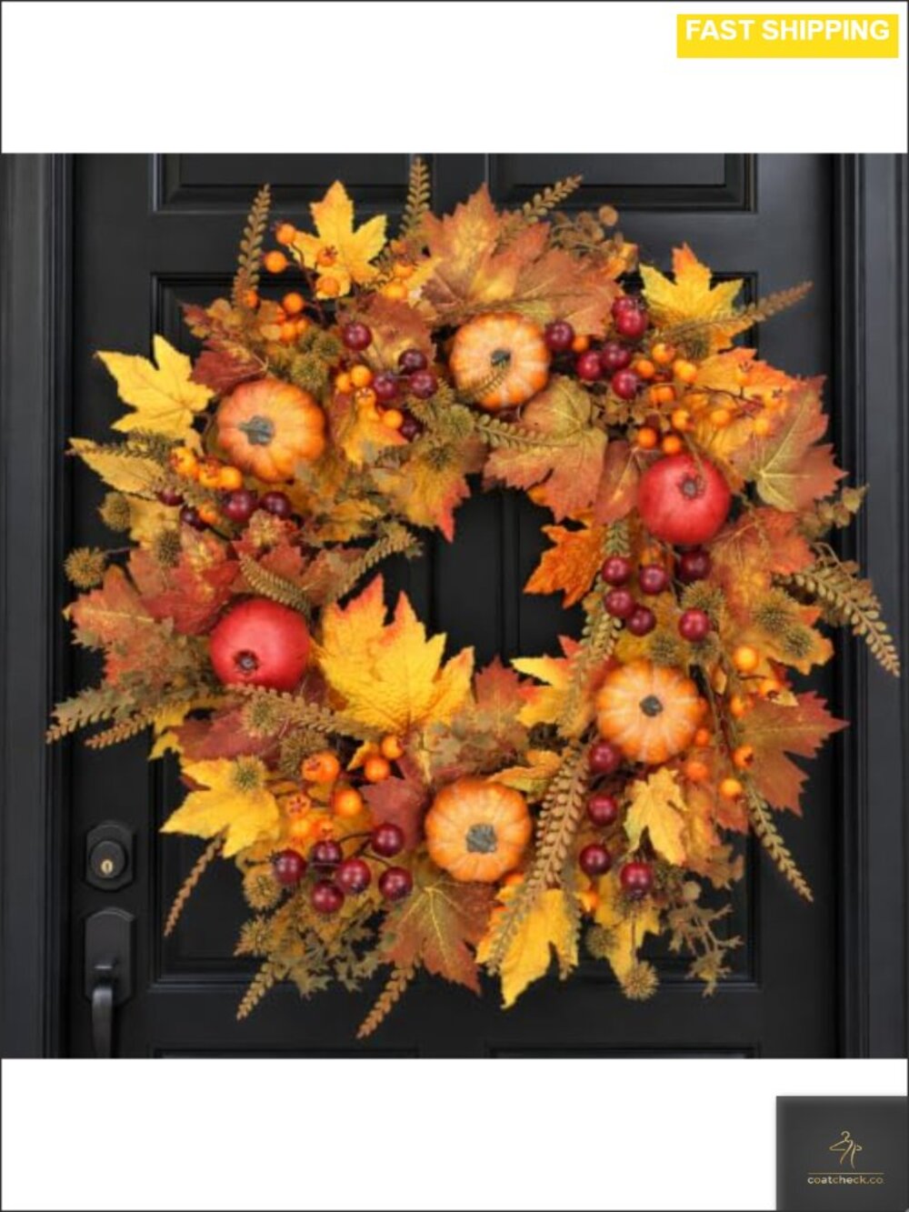 24 Inch Artificial Fall Wreath for Front Door, Pumpkin & Berry Harvest